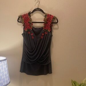 Black Draped Romantic top with Red Floral Applique